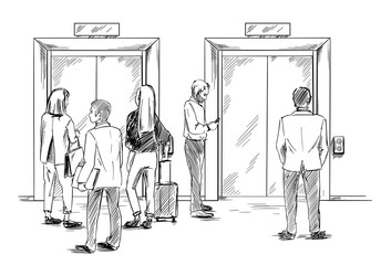 Group of people are waiting for the elevator, © nurofina