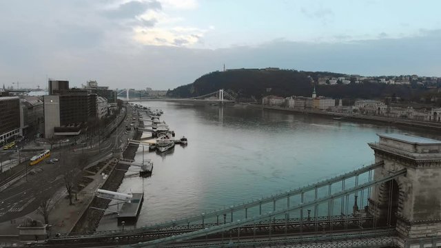 Budapest, Hungary. Top view on the Secheni Chain Bridge over the Danube River.