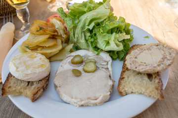 Fototapeta na wymiar Foie gras on white plate in La Roque-Gageac, Dordogne , France