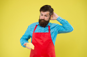 what to cook from cheese. Dairy food shop. Online shopping. Gourmet product. puzzled bearded man hold cheese. cheesemaking techniques. cheese maker. hipster with beard in chef apron