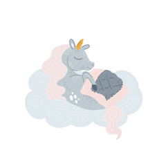 Vector cute unicorn sleeping at cloud in hat