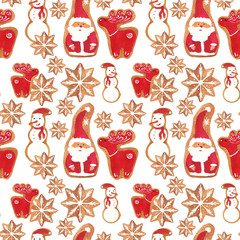 Christmas gingerbread pattern with the image of snowflakes, Santa Claus, deer and snowmen. Watercolor hand drawn illustration
