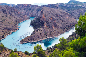 panorama über gebirge und einen stausee aus dem bäume herausragen