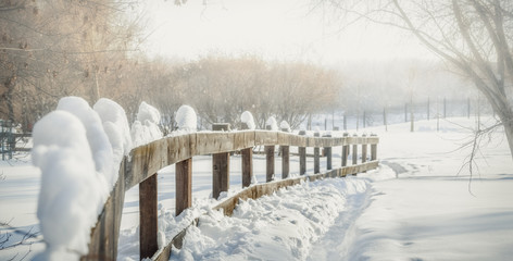 Wooden hedge and path in snowdrifts. Photo toned