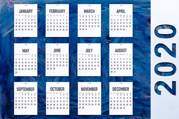 2020 calendar on trendy classic blue colored backdrop