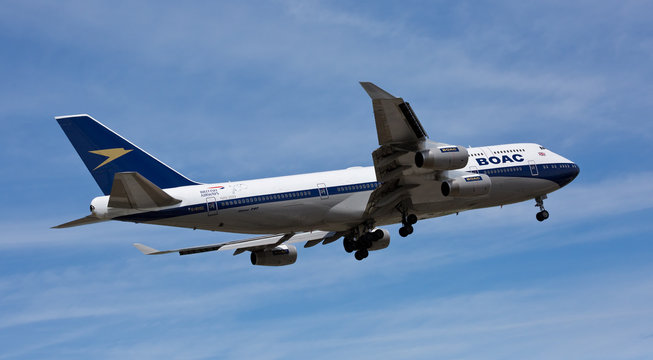 Chicago, USA - May 5, 2019: A British Airways Boeing 747 landing at O'Hare International Airport. British Airways takes a step back in time to welcome Boeing 747-400 with the BOAC livery.