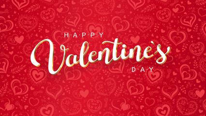 Vector white Valentine's day lettering on red hearts background.