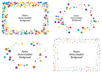 Festive color round confetti background. Abstract frame confetti texture for holiday, postcard, poster, website, carnivals, birthday and children's parties. Cover confetti mock-up. Wedding card layout