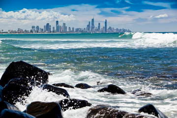 panoramic view of Gold Coast Skyscrapers and buildings from Burleigh Heads Beach, A view from the...