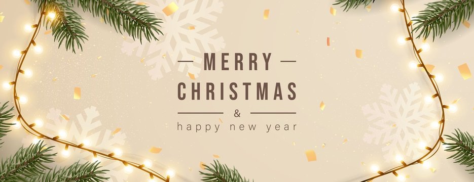Merry Christmas greeting banner with Chrirstmas decor fir twigs and confetti, vector illustration.