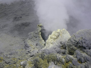 Fumarole with sulphuric gas emerging on White Island in New Zealand