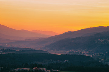 Romantic sunset over hills with vineyards in Maribor