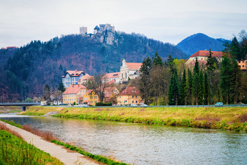 Fototapeta premium Landscape with Savinja River and Celje castle in Slovenia