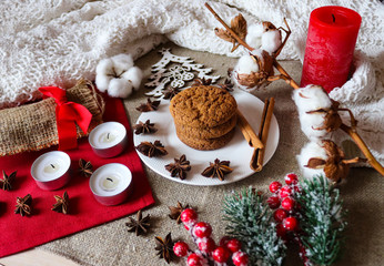 Holiday background with cookies and candles. Winter mood