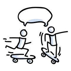 Hand Drawn Two Stick Figure Riders on Skateboard. Concept of Stunt Sport Activity. Simple Icon Motif for Teen Fun Skateboarder Tricks. Speech Bubble, Ride, Ramp Bujo Illustration. Vector EPS 10.  © Limolida Studio