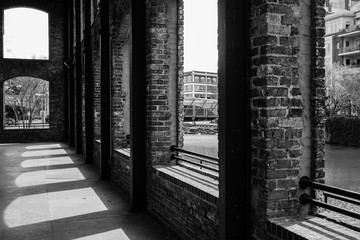Brick building, black and white