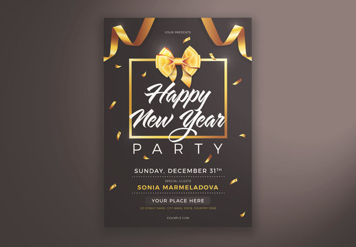 New Year's Party Flyer Layout with Gold Ribbon Elements