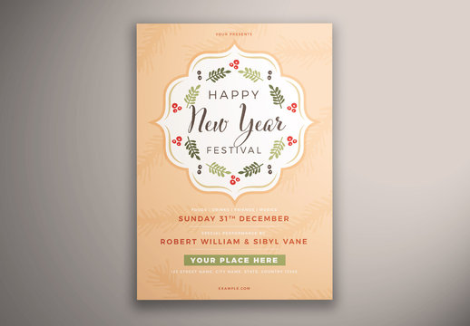 New Year's Festival Flyer Layout with Leaf Illustrations