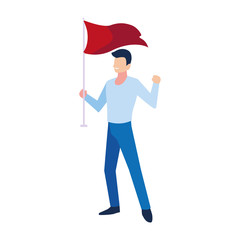 man with flag waving on a stick on white background