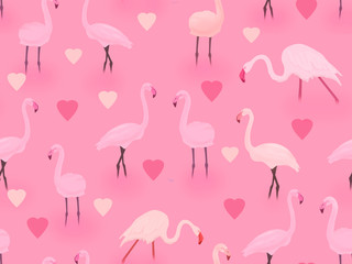 Seamless pattern with flamingo birds on a pink background.