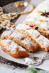 Holiday baking. Christmas cake. Stollen is fruit bread of nuts, spices, dried or candied fruit, coated with powdered sugar. It is traditional German bread eaten in the Christmas season. New year