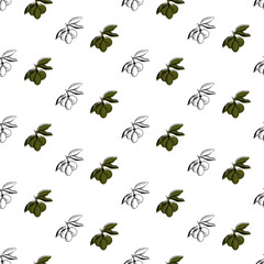 Olive branch seamless pattern. Hand drawn vector food illustration.  Mediterranean style plant background. Retro botanical illustration.