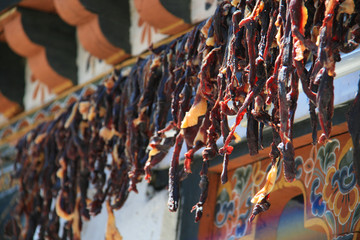 Fototapeta na wymiar Yak-Trockenfleisch an einer Hauswand in Bhutan