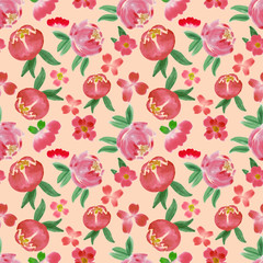 seamless colorful floral pattern tile in watercolor texture for textile and fabric. beautiful red and pink floral for cards, backgrounds, invitations and creative surface designs. 