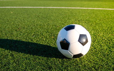 Fototapeta na wymiar A soccer ball lying on the football pitch. Green grass, white line, hard shadow.