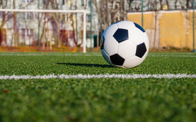 Shot from the ground. The black and white ball is lying on the green football field in front of the goal.