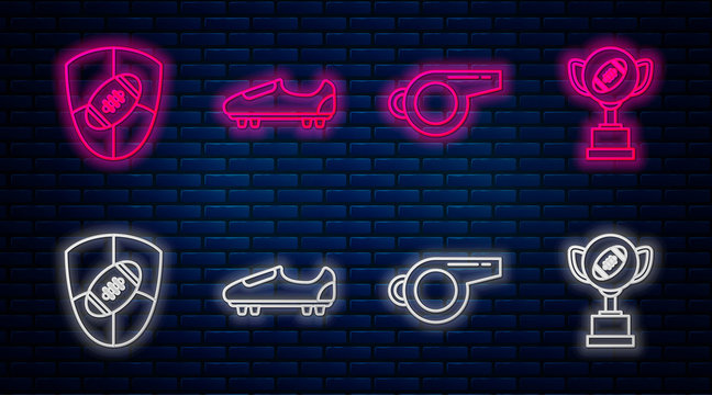 Set line Soccer or football shoes with spikes, Whistle, American Football ball and shield and Award cup and American football ball. Glowing neon icon on brick wall. Vector