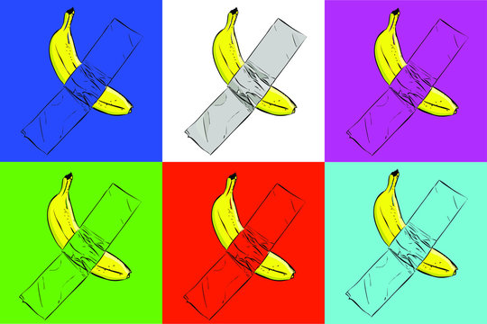 Banana Duct Taped To A Wall. Pop Art Style Vector Poster.