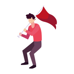 man with flag waving on a stick on white background