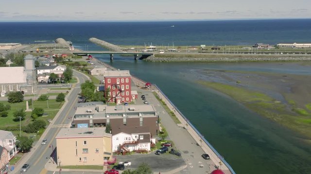 Aerial: St Lawrence River and the town of Matane, situated on the Gasp&eacute; Peninsula in Quebec, Canada,