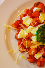 closeup detail of gnocchi with tomato sauce, fresh mozzarella and parmesan flakes in Italian restaurant