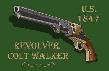 vector image of an 1847 american vintage army revolver colt system with inscriptions and text in the style of book historical graphics - obrazy, fototapety, plakaty