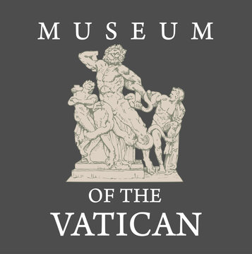 vector image of an antique scalpura of Laocoon and his sons with the text Vatican Museum in the style of an advertising brochure graphic
