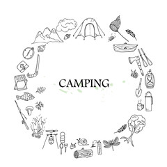 round border, frame  of travel equipment. Accessories for camping and camps.  hand drawn  illustration of camping and tourism equipment. Vector template for banner