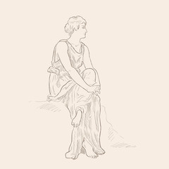 An ancient Greek woman in a tunic sitting with his arms crossed. Vector image isolated on beige background.