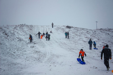 Monte Bianditz in Oiartzun, Gipuzkoa / Spain »; January 2017: People enjoying snow with sleds one winter morning on Mount Bianditz