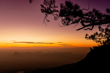 Sunrise landscape at Nok An Cliff, Phu kradueng National Park, Loei, Thailand. Silhouette of tree and mountain with morning twilight sky.