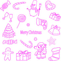 Christmas icons in colored stroke on white background.