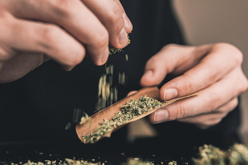 Close up marijuana joint with lighter. Man rolling a marijuana weed blunt. Man rolling marijuana...