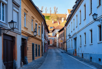 Fototapeta na wymiar Cityscape with street lanterns in the center of Ptuj