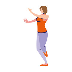 young woman in pose of dancing on white background