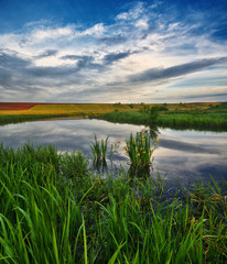 spring morning. dawn in the valley of a picturesque river