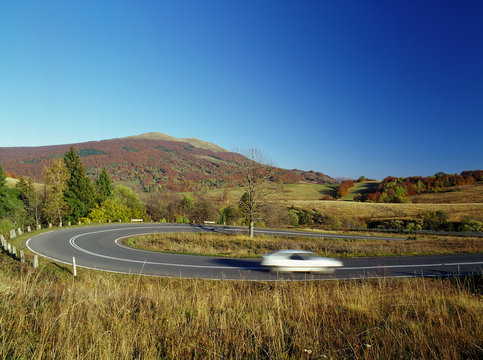 road in the mountains, view to Polonina Carynska Mountain, Bieszczady Mountains, Carpathian Mountains, Poland
