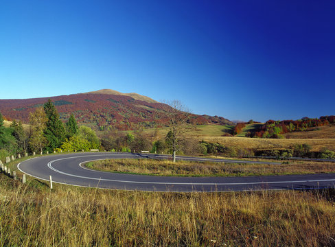 road in the mountains, view to Polonina Carynska Mountain, Bieszczady Mountains, Carpathian Mountains, Poland
