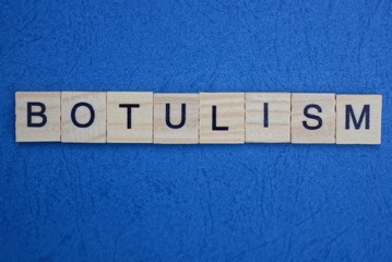 word botulism made from wooden gray letters lies on a blue background
