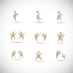 Abstract People Logo Set. Human Figure Isolated On Gray Background. Icons Collection For Human Success, Celebration Logo, Achievement Symbol And Activity. Different Happy People. Figure Logo, Vector